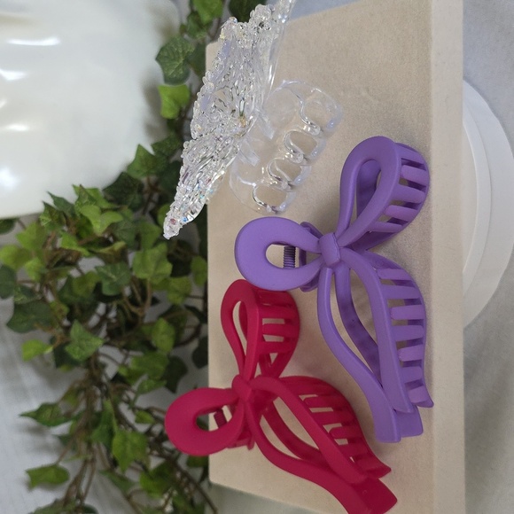 Set of 3 Claw Hair Clips Pink Bow Purple Bow Iridescent Clear Butterfly - Picture 6 of 8